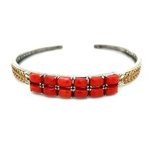 925 Silver Red Stones Two-Tone Open Cuff